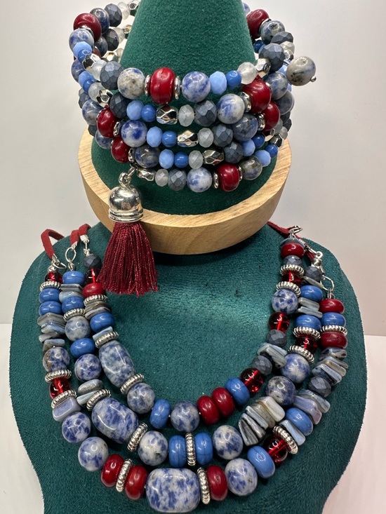 Cato Jewelry - Cato Multi Strand Necklace Bracelet Set Sodalite Shell Red Leather 4th Of July